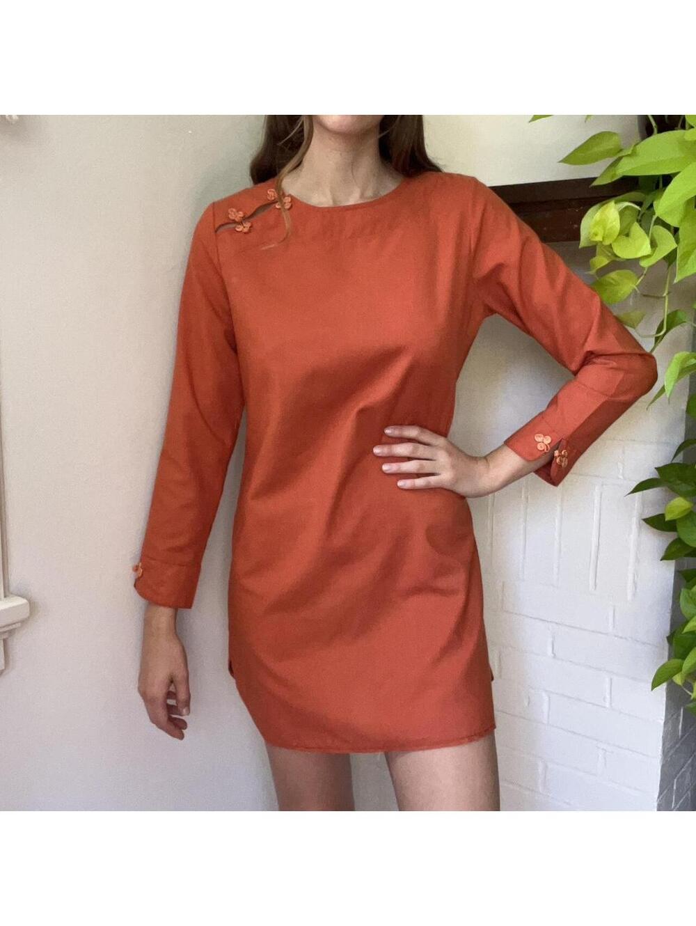 Vintage 1990s Orange Minimal Tunique with Frog Snap Braided Buttons